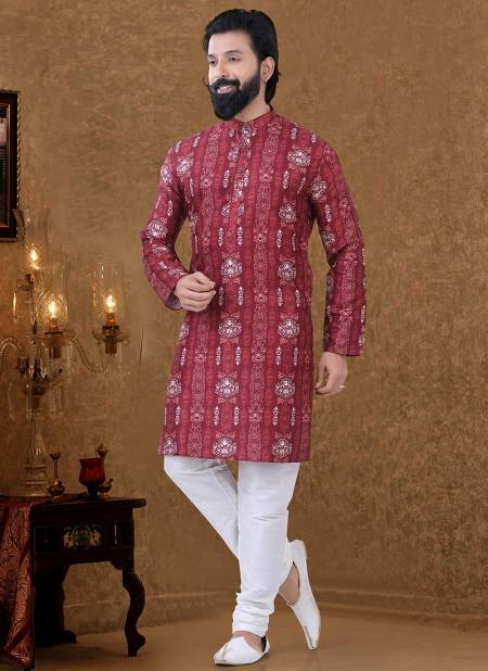 Maroon New Printed Ethnic Wear Cotton Mens Kurta Pajama Collection KS 1542